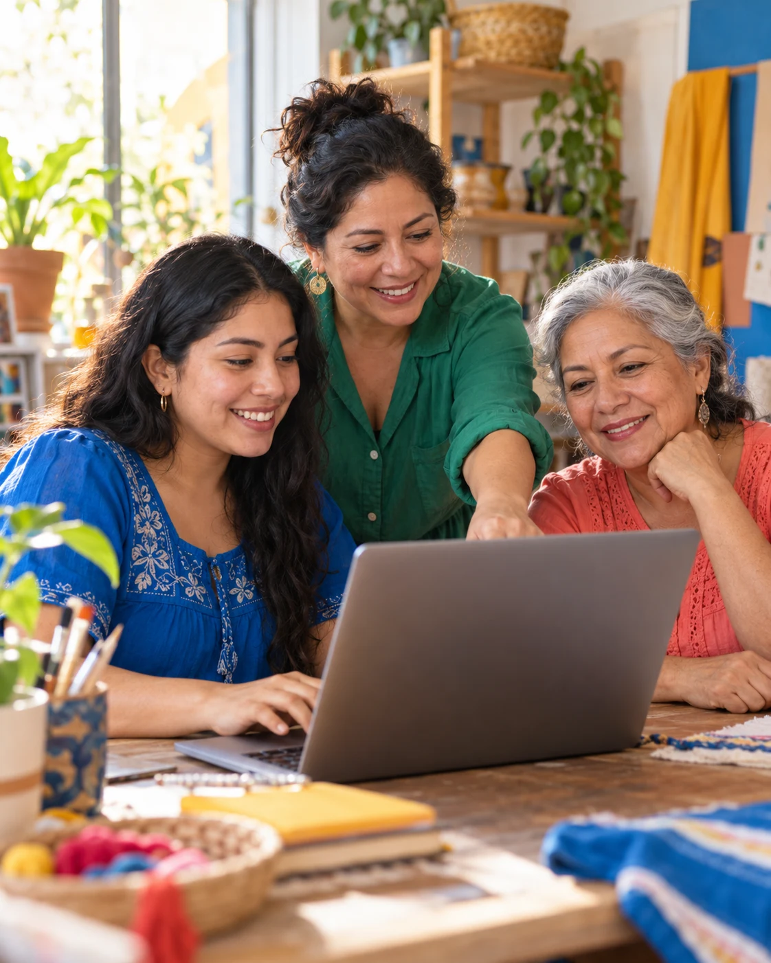 Escena generada con IA: tres mujeres adultas aprenden juntas con una computadora.