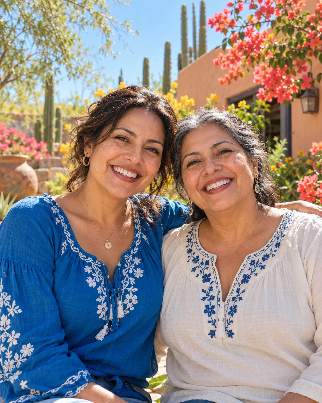 Escena generada con IA: dos mujeres adultas sonríen en un jardín soleado.
